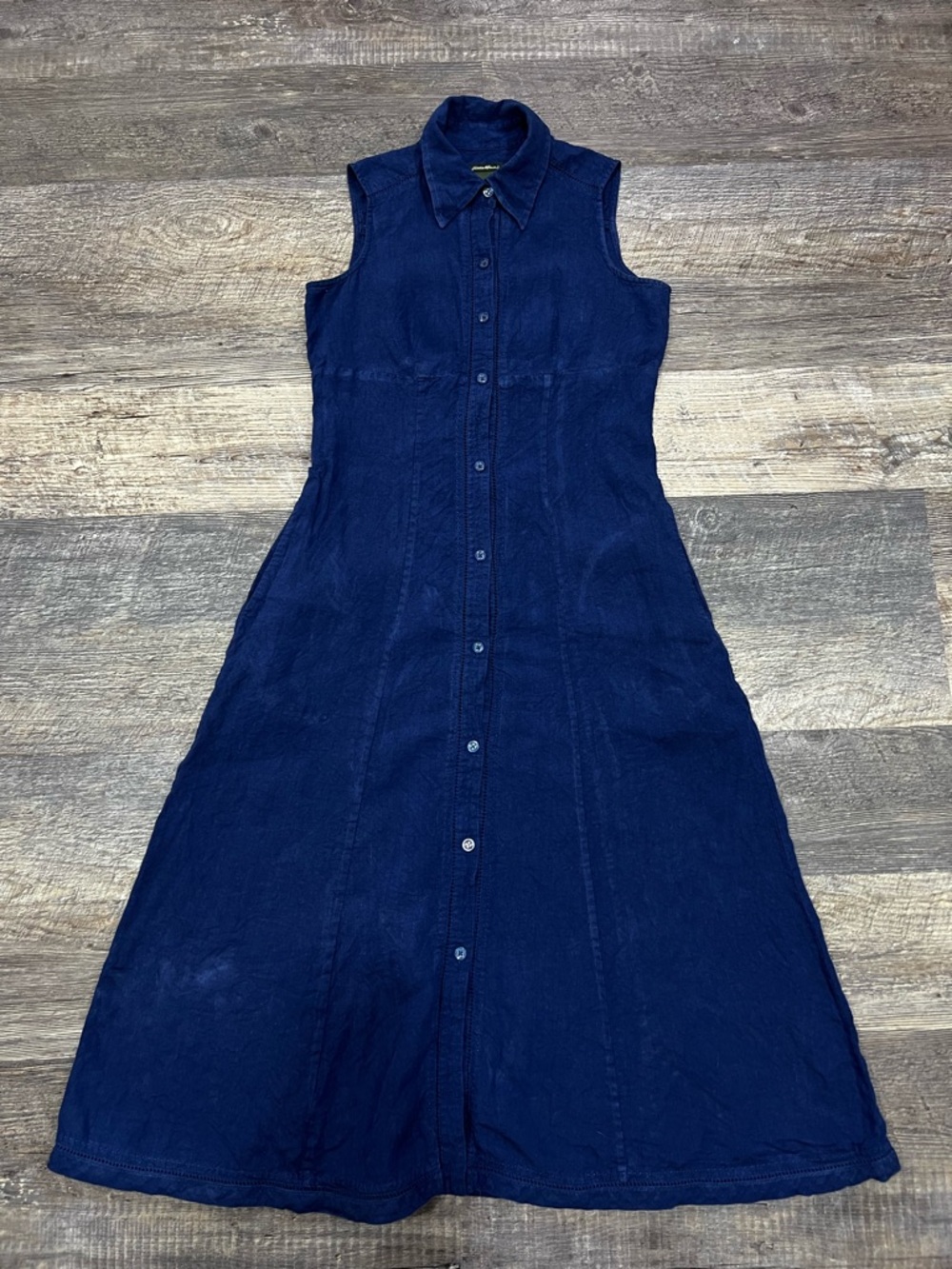 Eddie Bauer Sleeveless Navy Button-Front 100% Linen Tea Lenght Dress